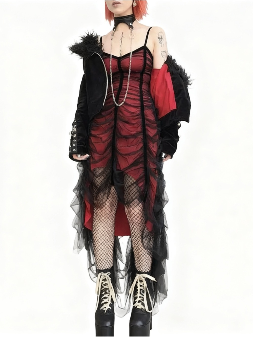 Gothic Red & Black Ruched Slip Dress